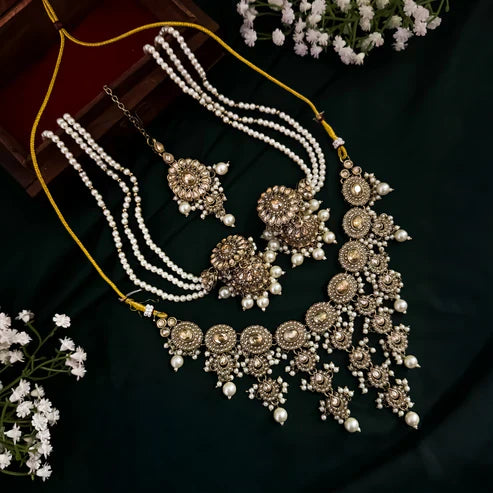 Noorani Reverse AD Necklace Set with Jhumka Sahara Earrings & Teeka - Golden