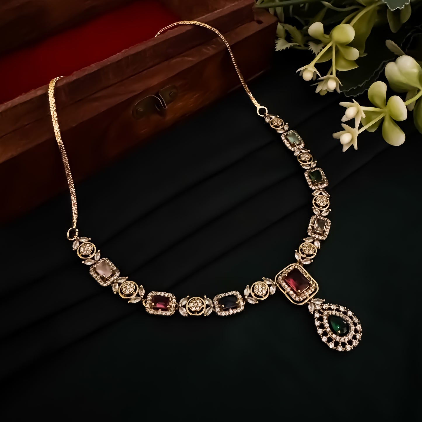Vivian American Diamond Necklace Set - Multi