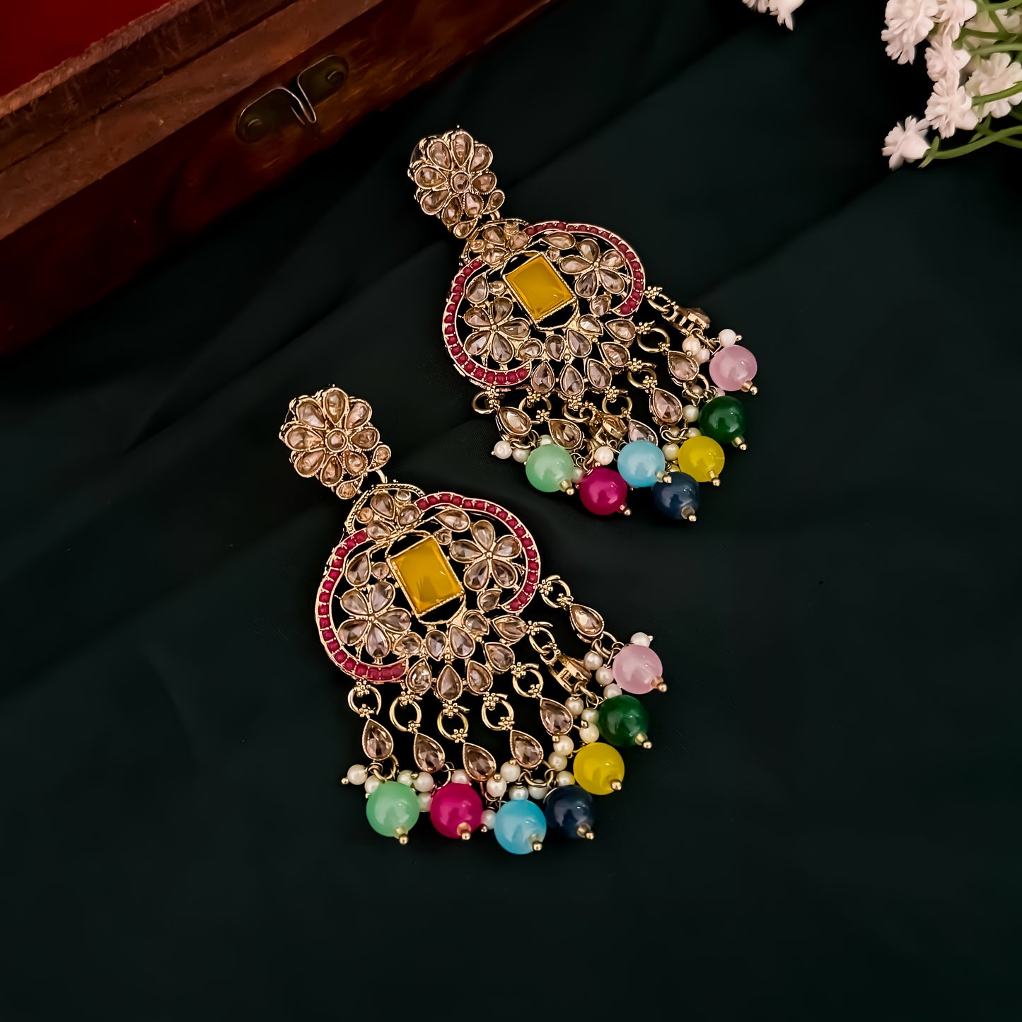 Nihal Reverse AD Necklace Set with Earrings & Teeka - Multi