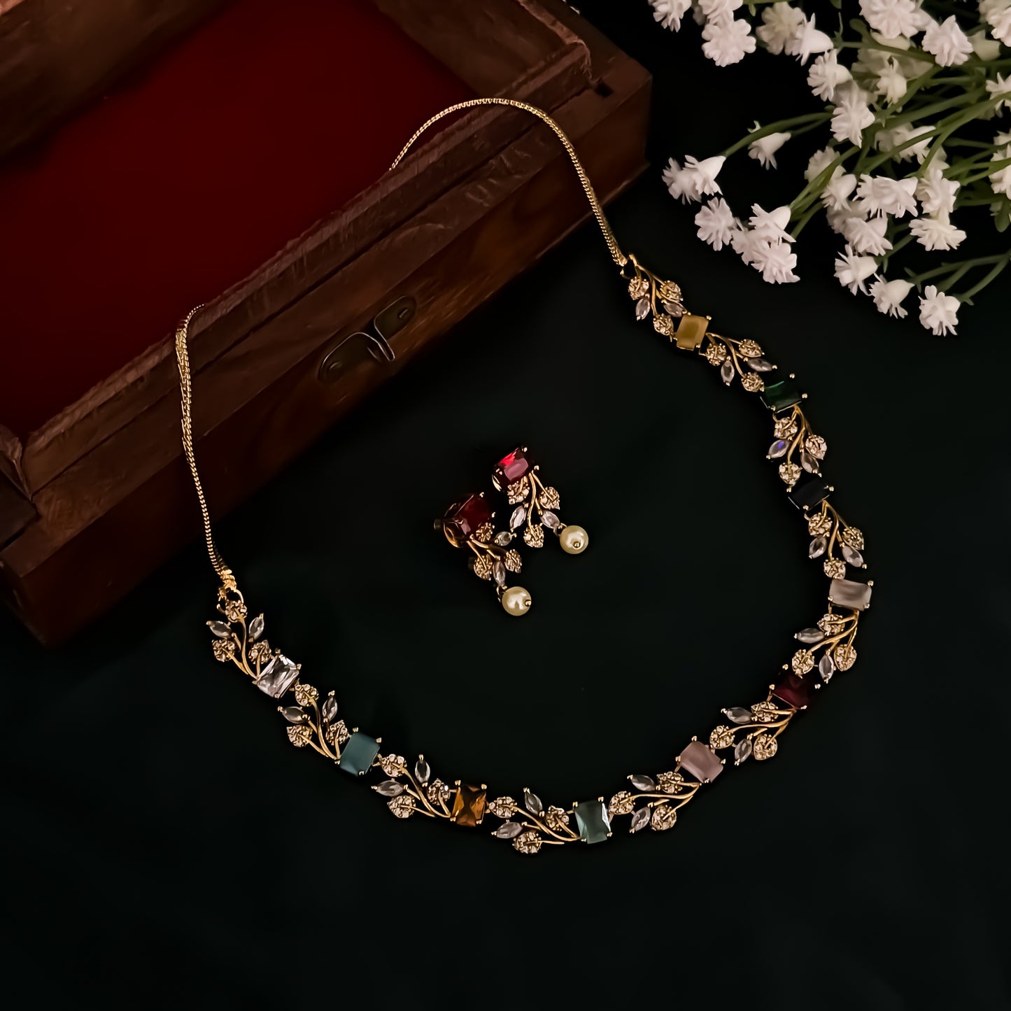 Navratan Petals Minimal AD Necklace Set