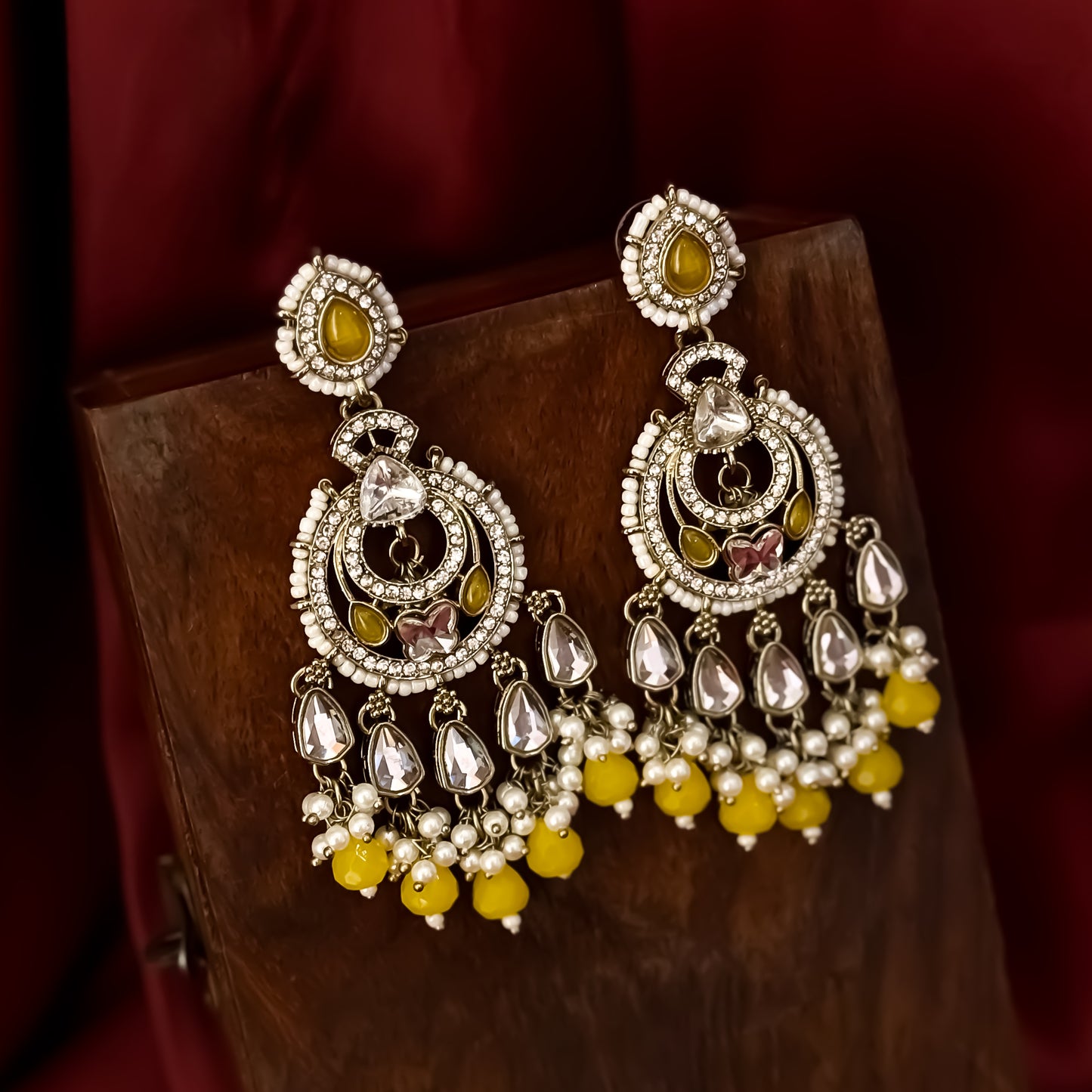 Athiya Kundan Pearl Premium Chandbali Earrings - Yellow
