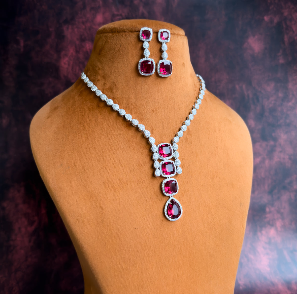 Emily Designer AD Necklace Set- Ruby Red