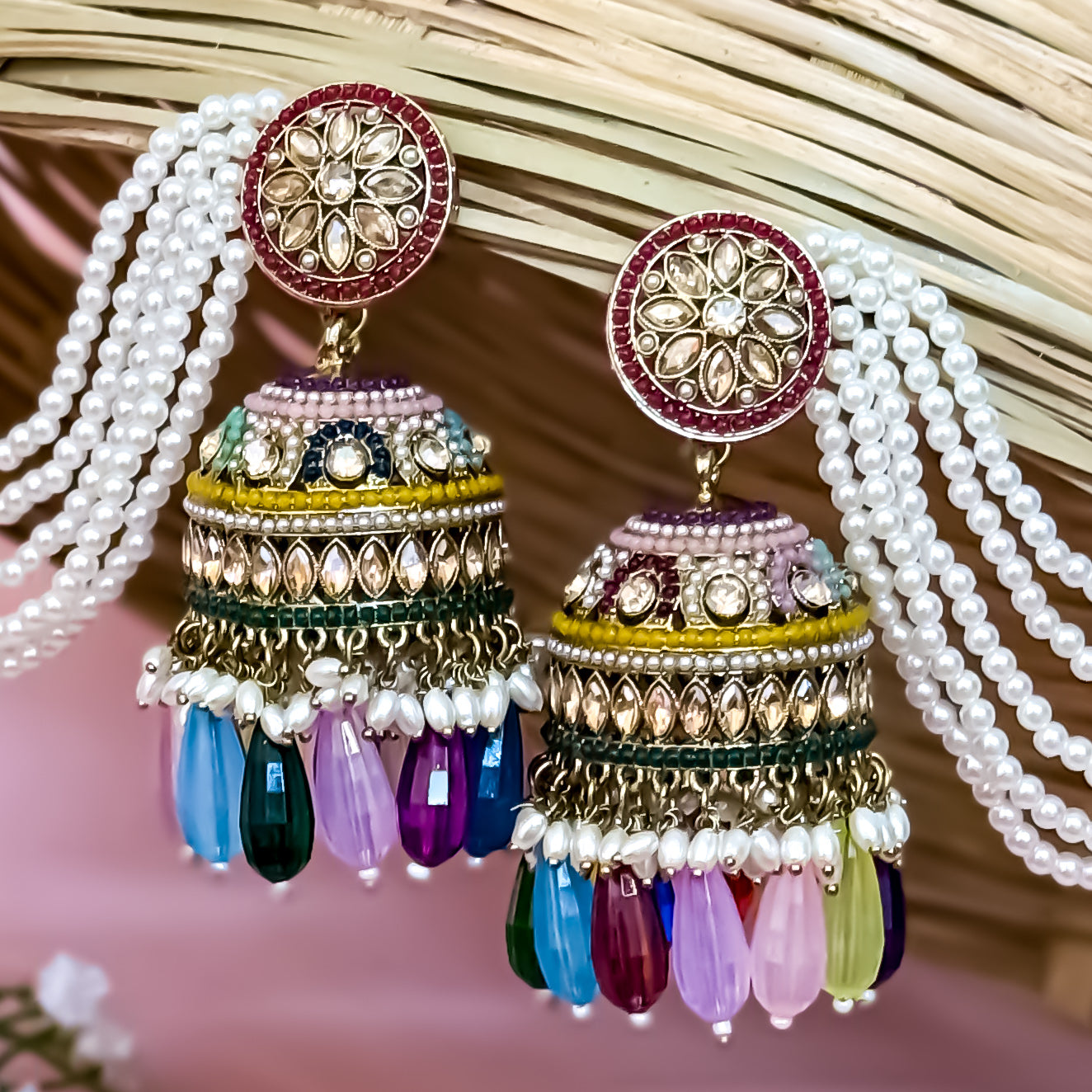 Rubina Jadau Reverse AD Jhumka Earrings with Earchain - Multi