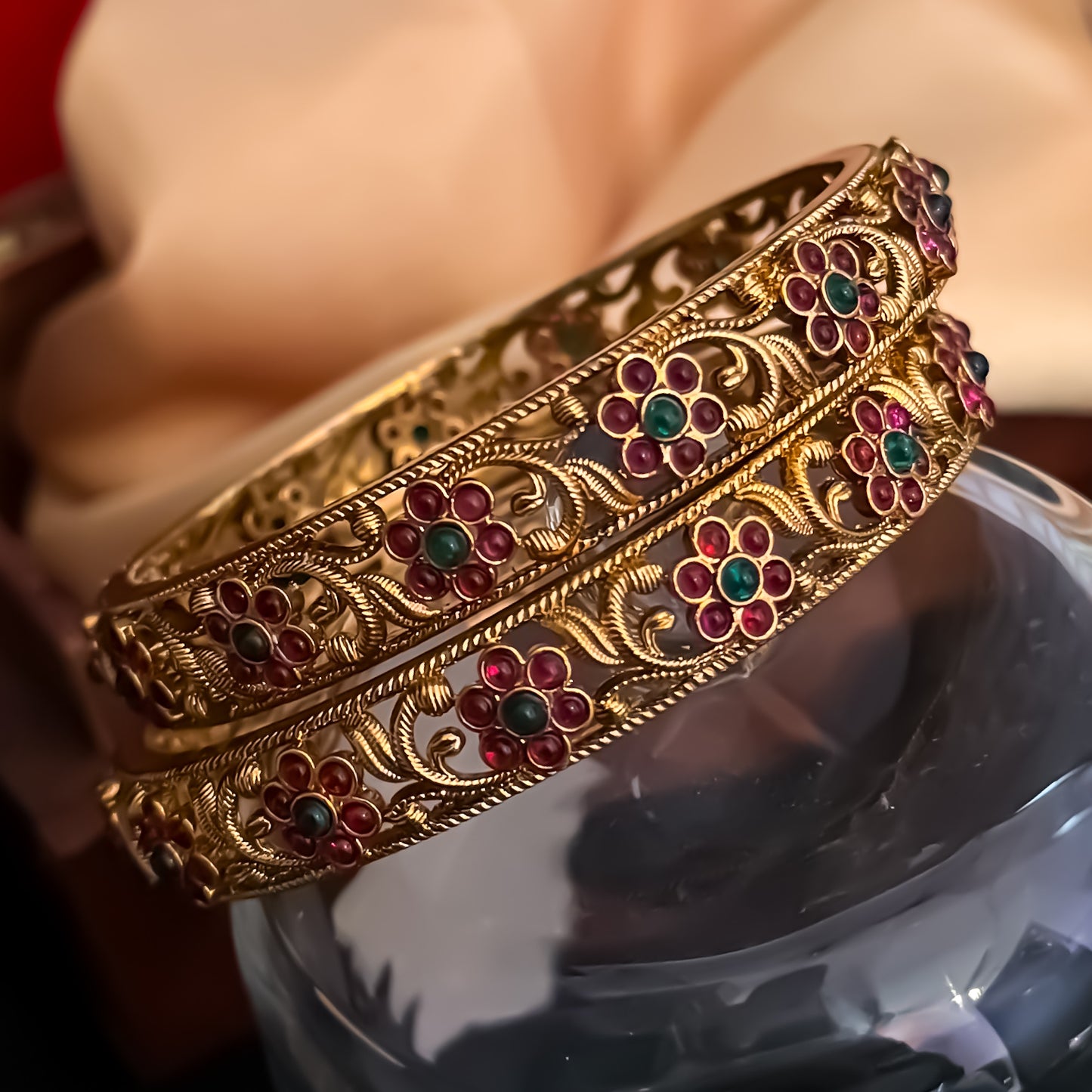Sumedha Floral Temple Gold Bangles - Pink & Green (Set of 2)