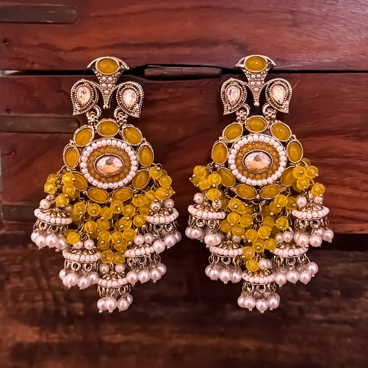 Heer Pearl Jhumka Chandbali Earrings - Yellow