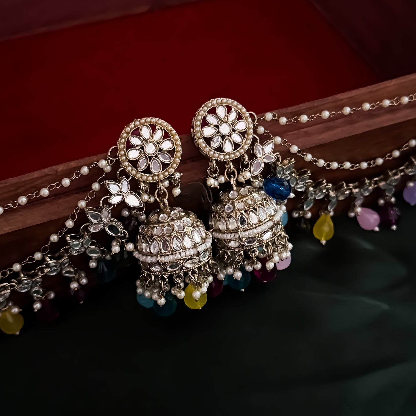 Kashish Jadau Mirror Jhumka Earrings with Sahara/Earchains - Multi
