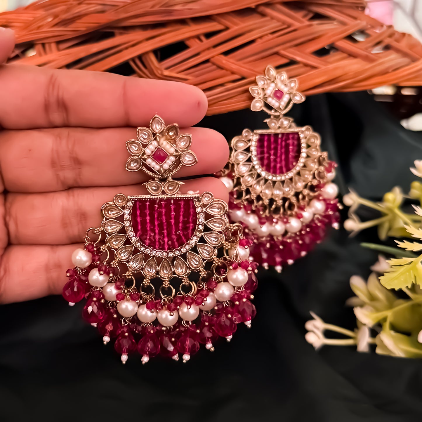 Mansa Kundan Pearl Chandbali - Hot Pink