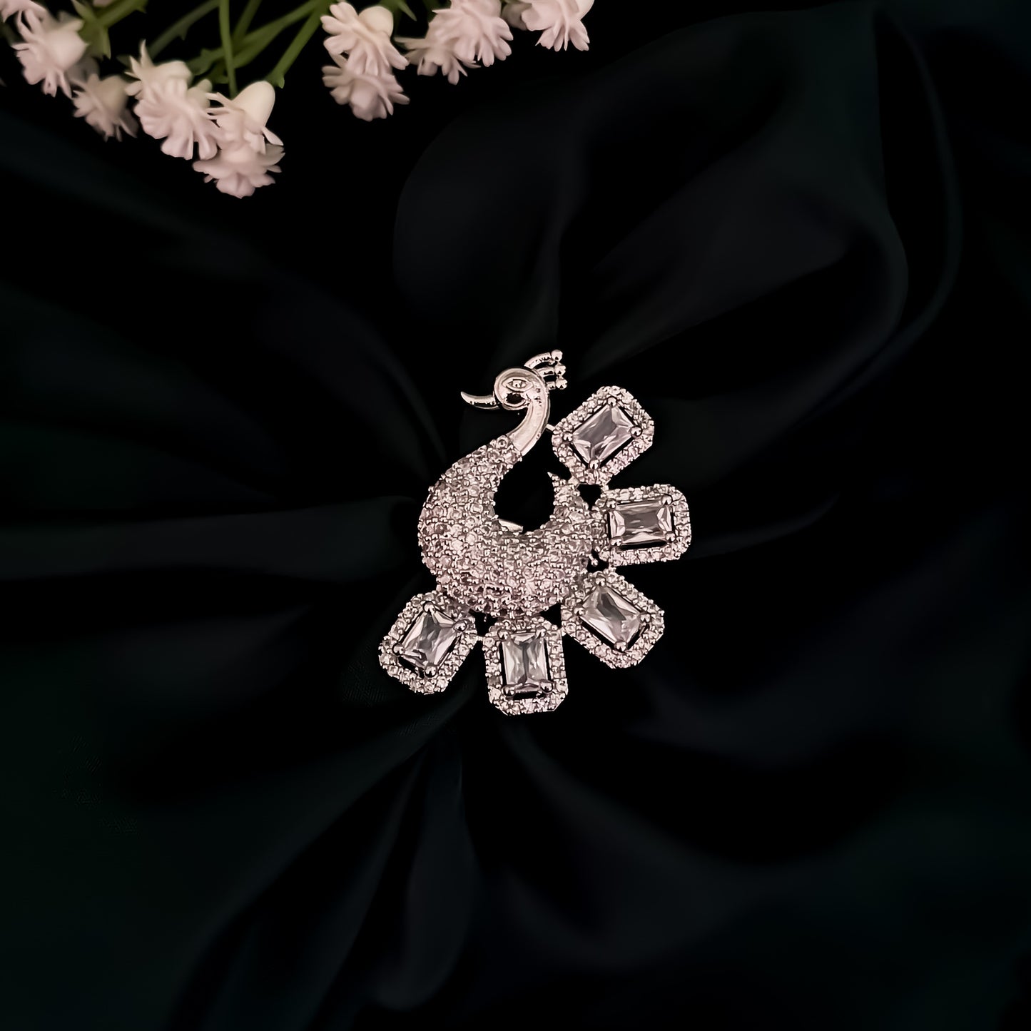 Pretty Peacock American Diamond (AD) Silver Adjustable Ring