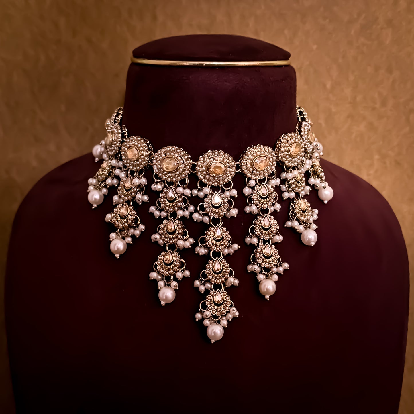 Noorani Reverse AD Necklace Set with Jhumka Sahara Earrings & Teeka - Golden