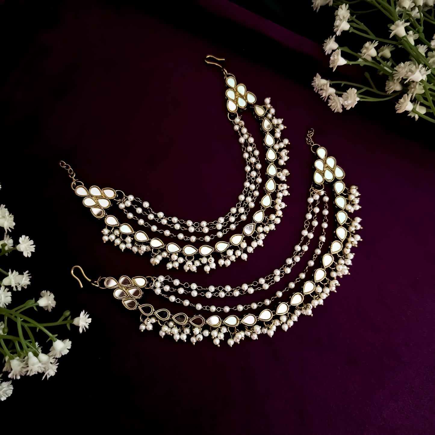Miraya Bahubali 4 Layer Pearl & Mirror Detachable Earrchains/Sahara/Kaanchain Pair