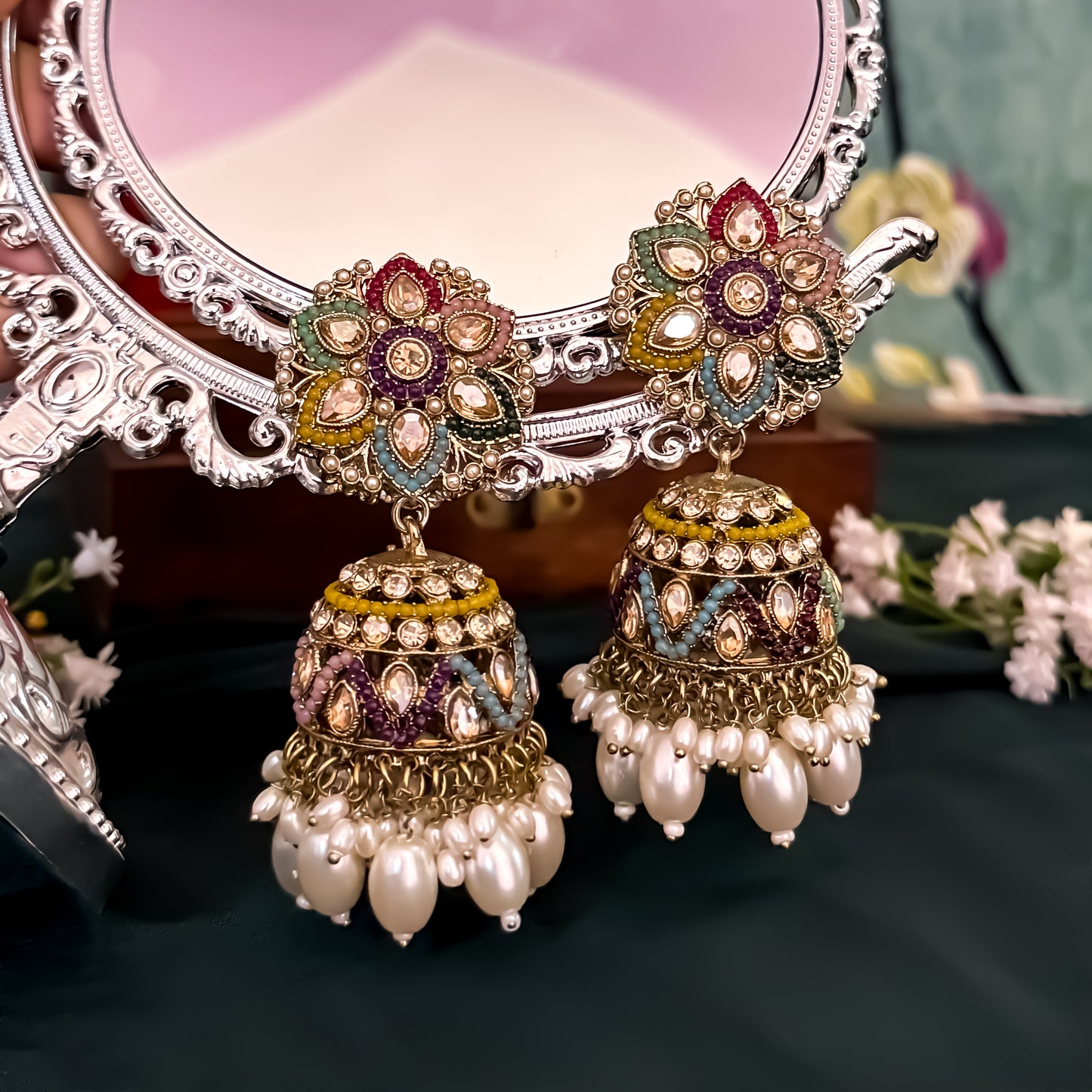 Varuna Jadau Reverse AD Jhumka & Teeka Set - Multi