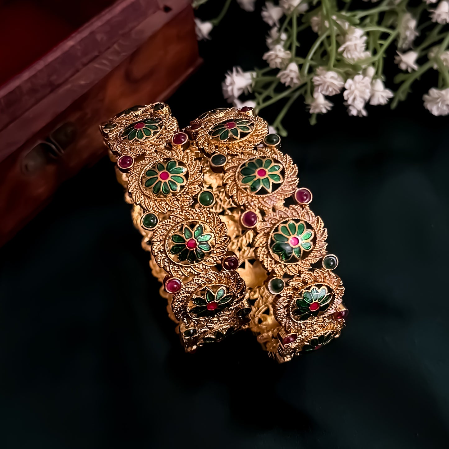 Keerthana Temple Gold Bangles - Set of 2 (Pink & Green)