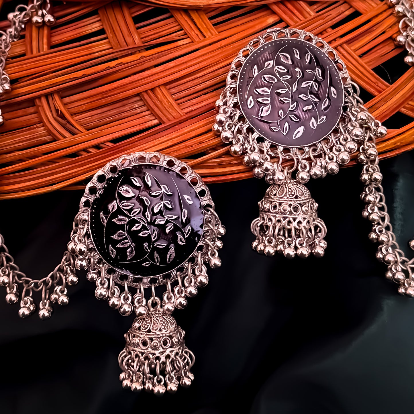 Sidra Silver Jhumka Earrings with sahara - Black