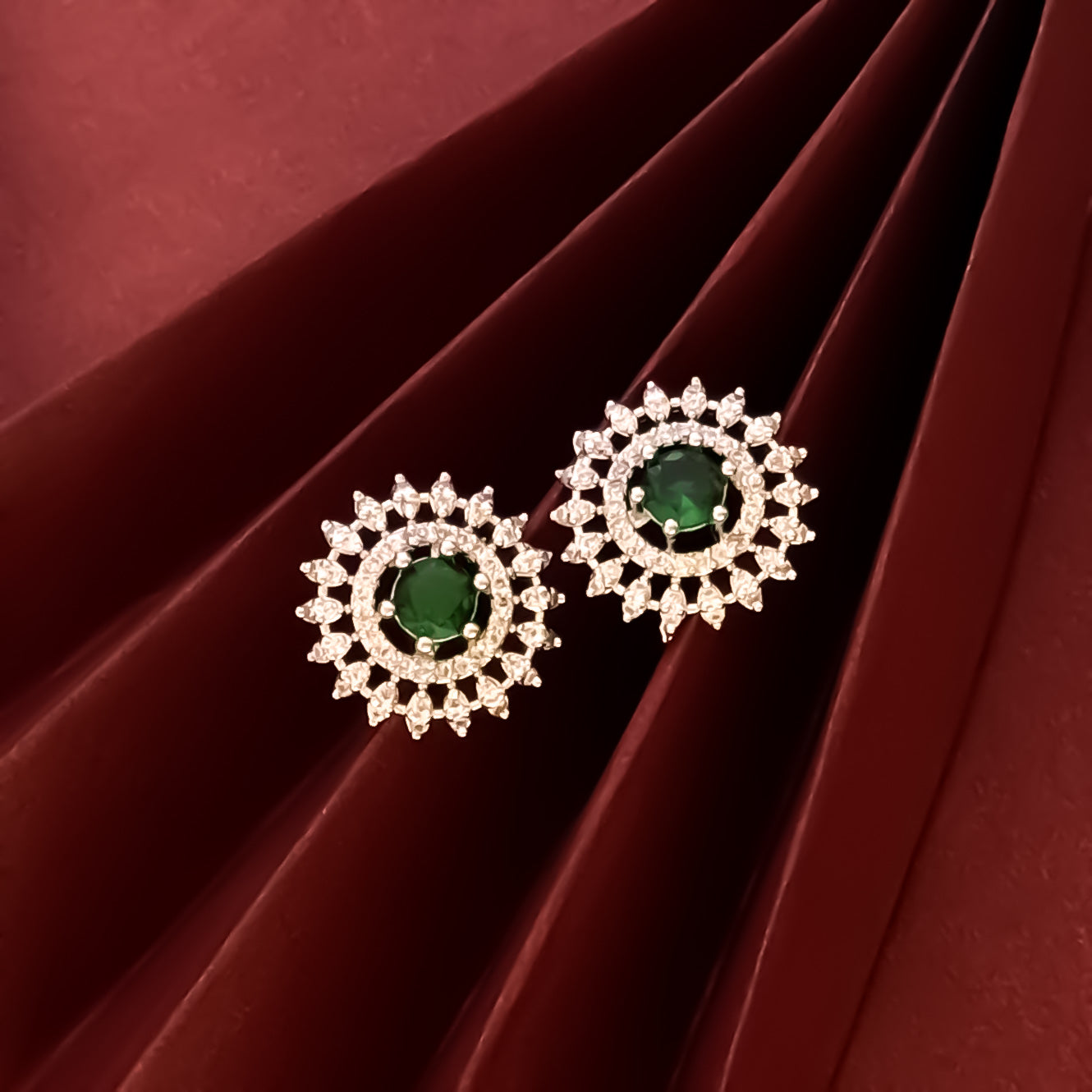 Julia American Diamond Stud Earrings - Emerald Green