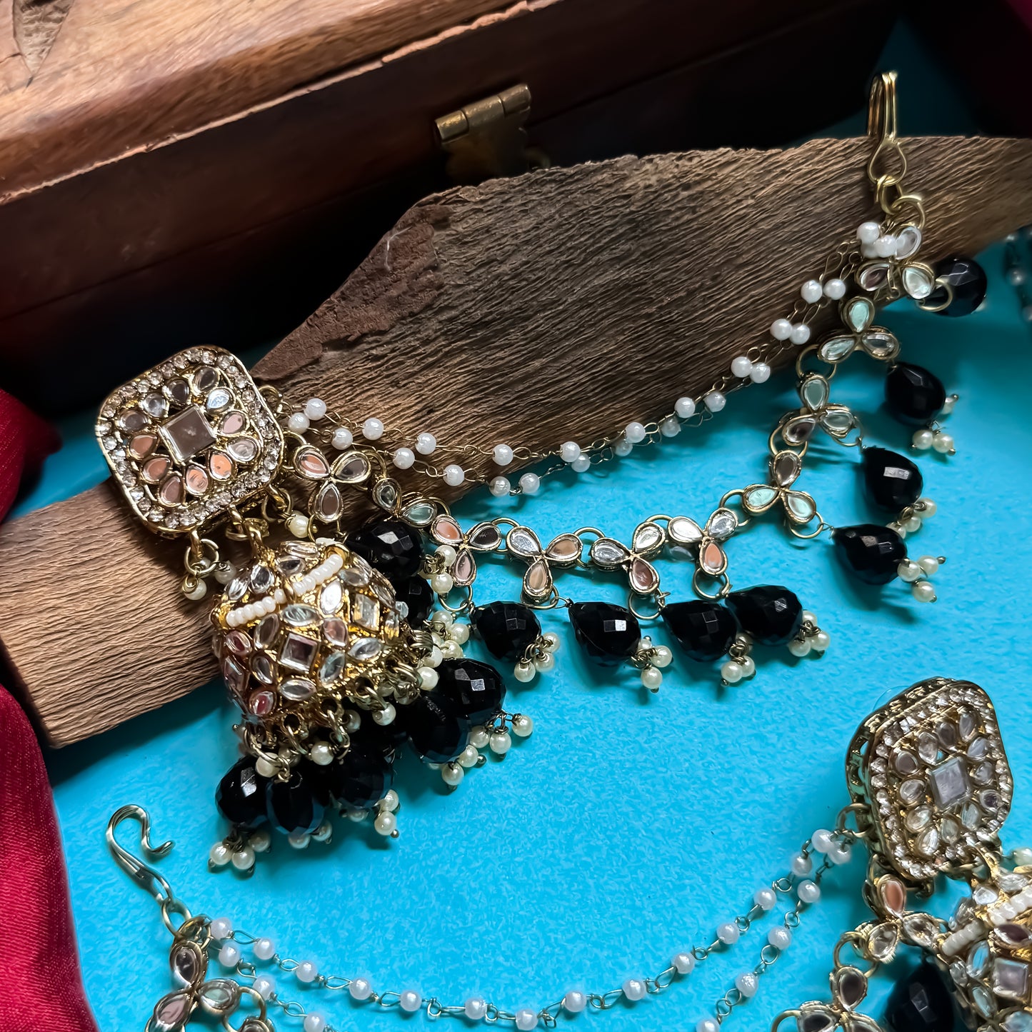 Mohika Mirror Jhumka Earrings with Sahara & Tika Set - Black
