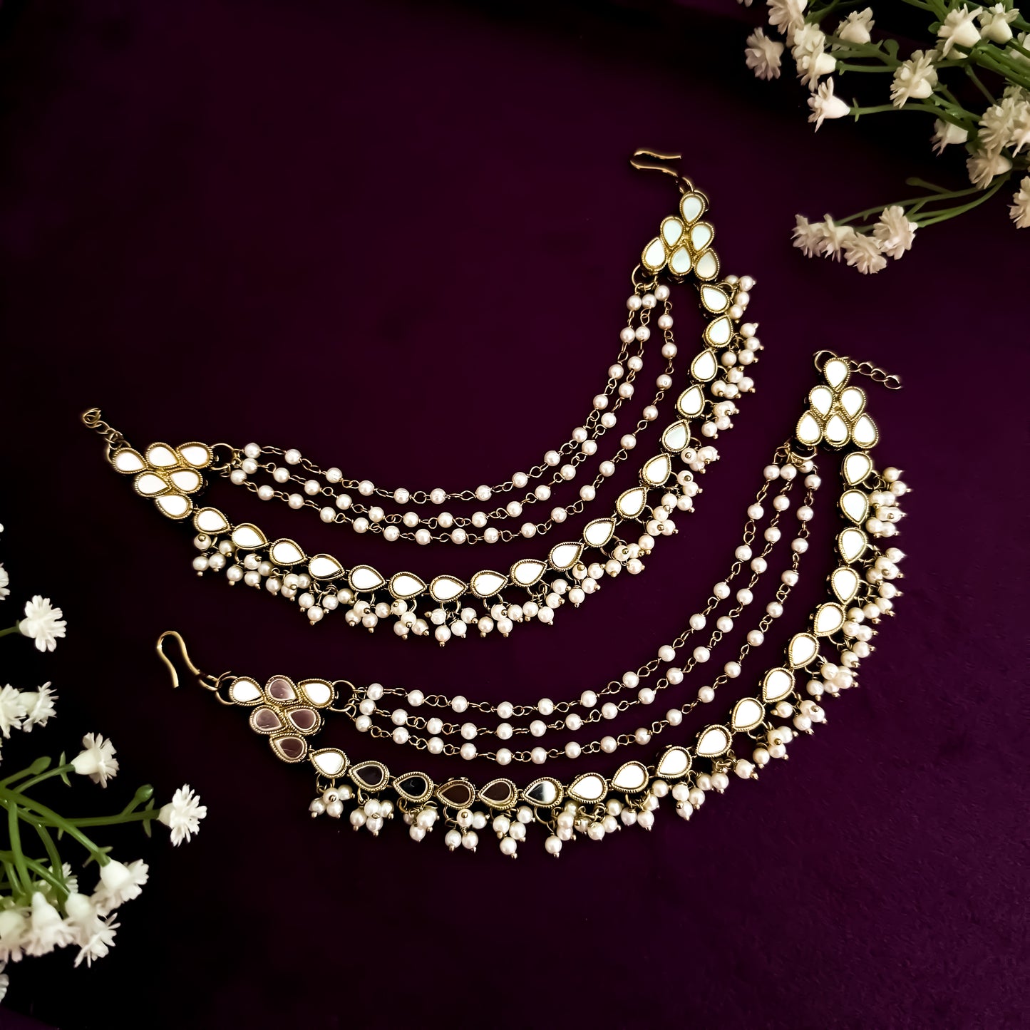 Miraya Bahubali 4 Layer Pearl & Mirror Detachable Earrchains/Sahara/Kaanchain Pair