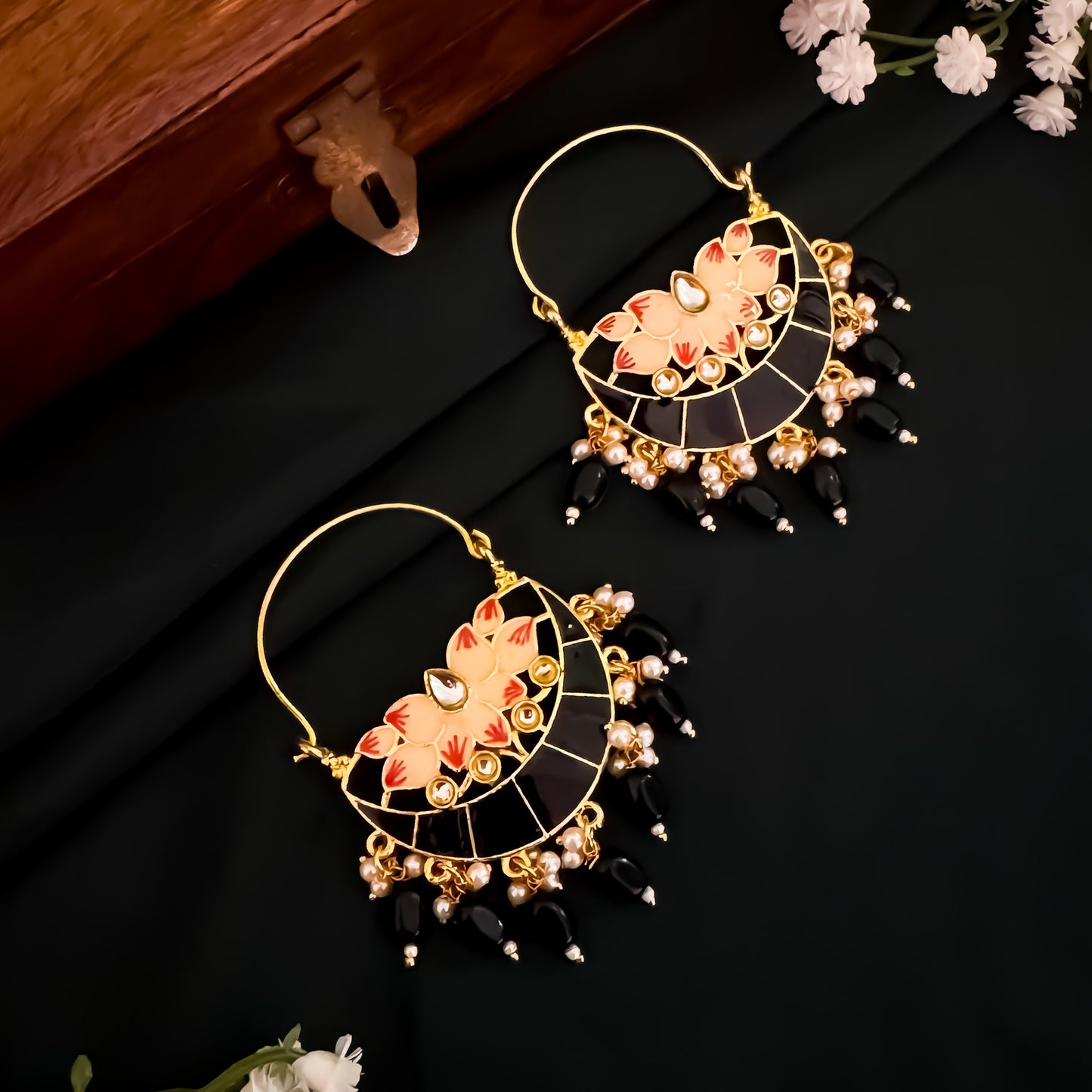 Chandan Meenakari Chandbali Earrings - Black