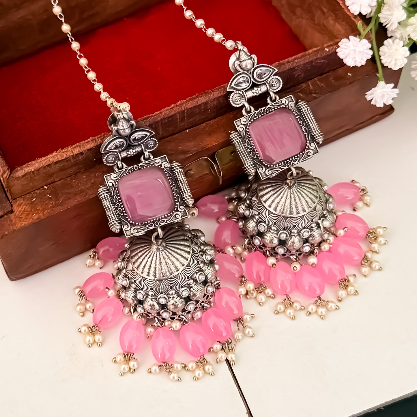 Sadaf Brass Jhumka Earrings with Earchains - Pastel Pink