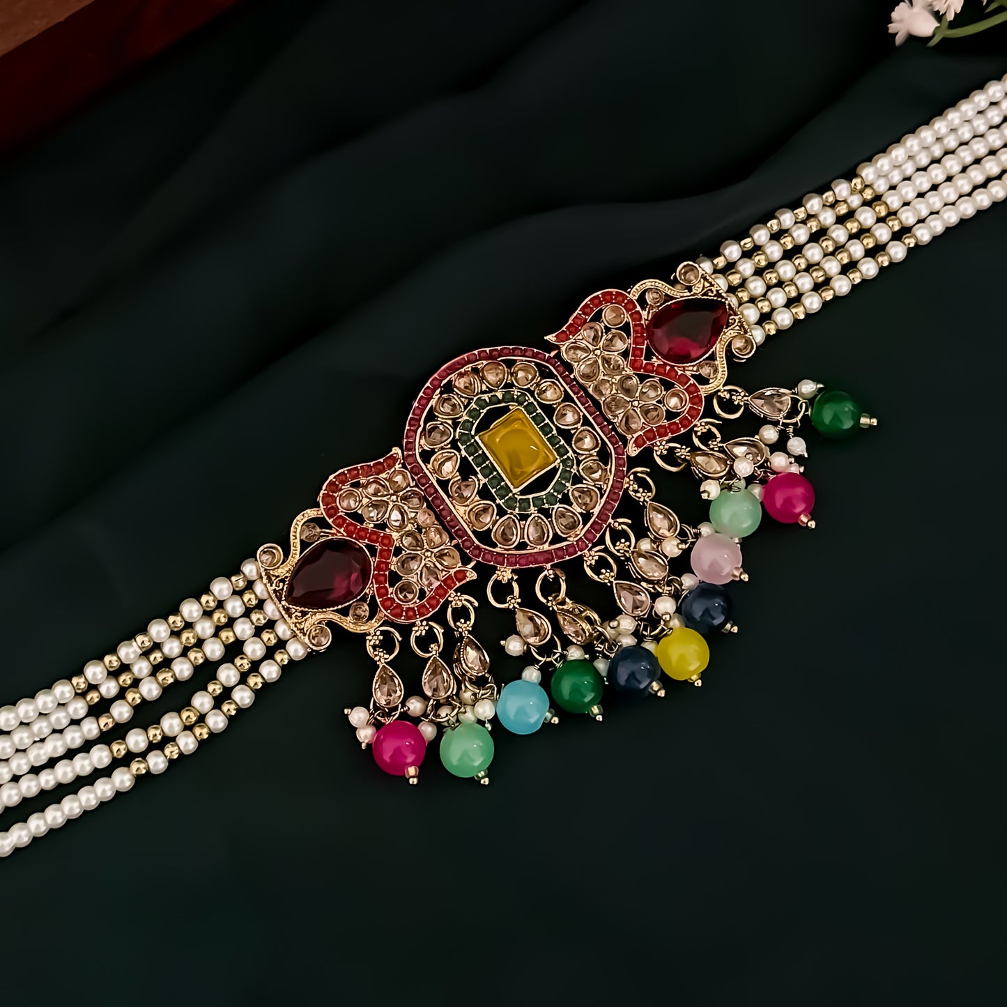 Nihal Reverse AD Necklace Set with Earrings & Teeka - Multi
