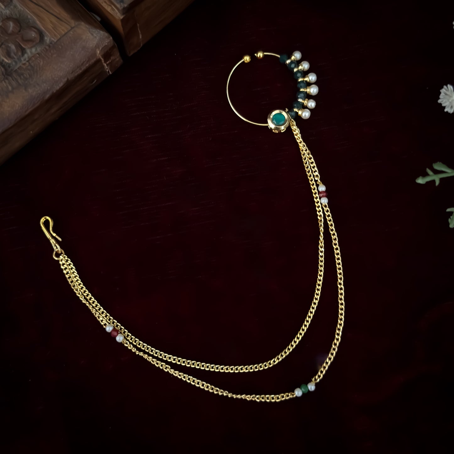 Ruhi Kundan Nose Clip/Nath - Green & Golden