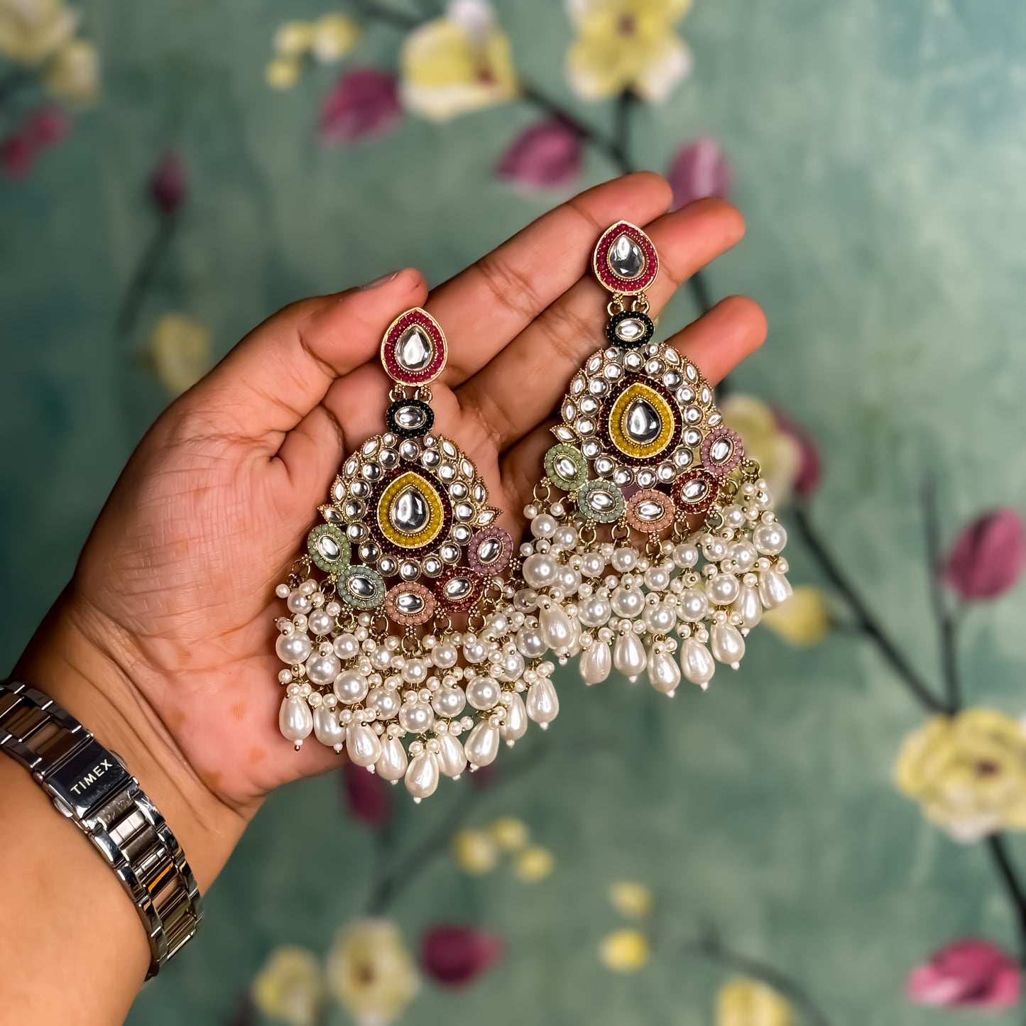 Zahira Jadau Chandbali Earrings- Multi