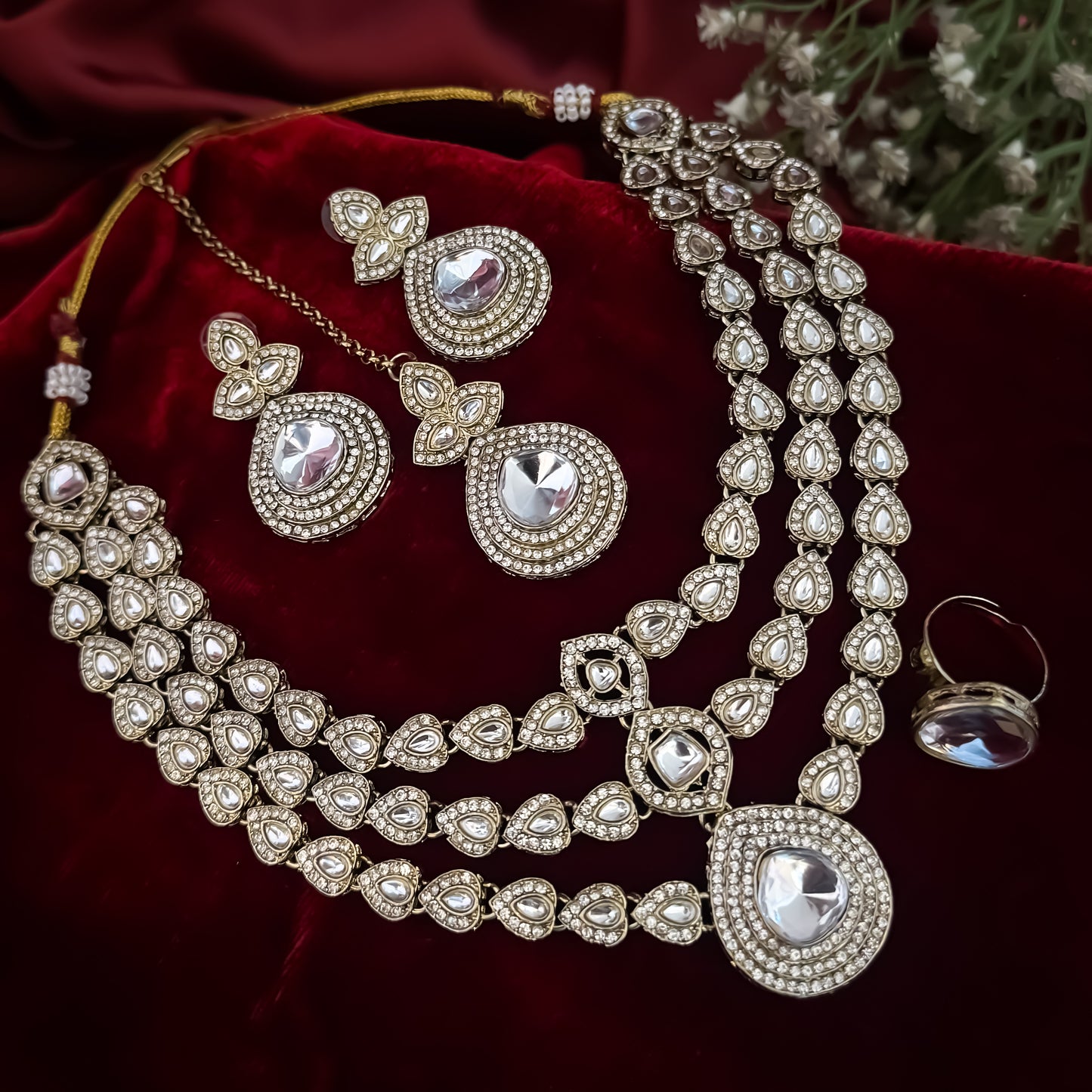 Rashmika Triple Layer Designer Zircon Polki Look Alike Necklace Set - Golden