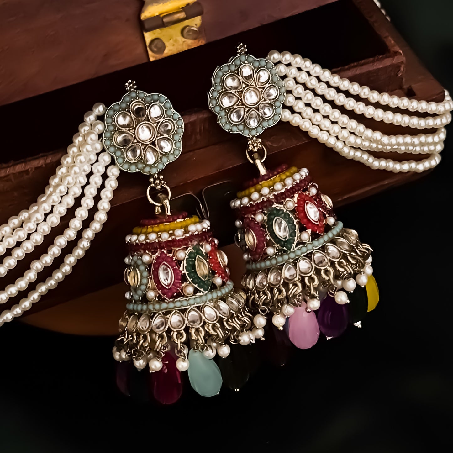 Meher Jadau Reverse AD Jhumka Earrings with Earchain - Multi