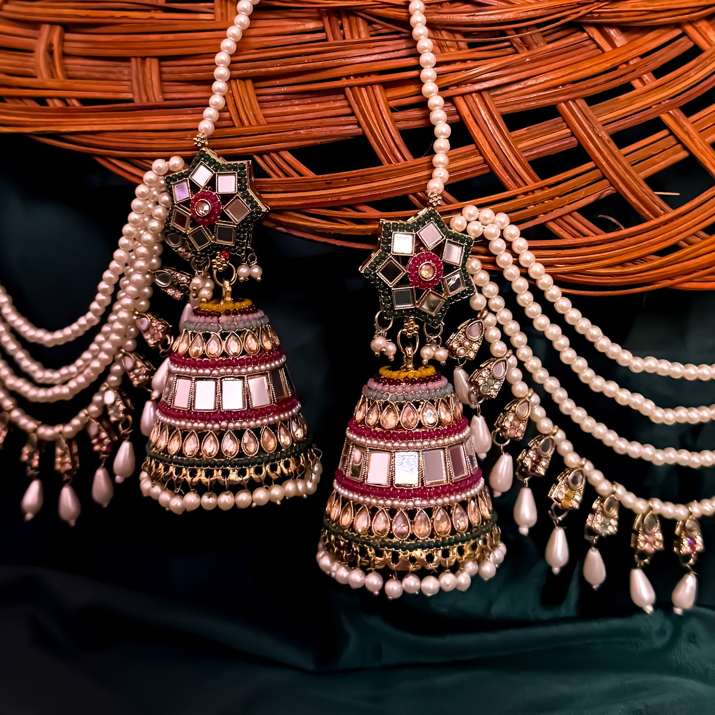 Rani Padmavat Jadau Jhumka Earrings with Sahara & Teeka - Multi