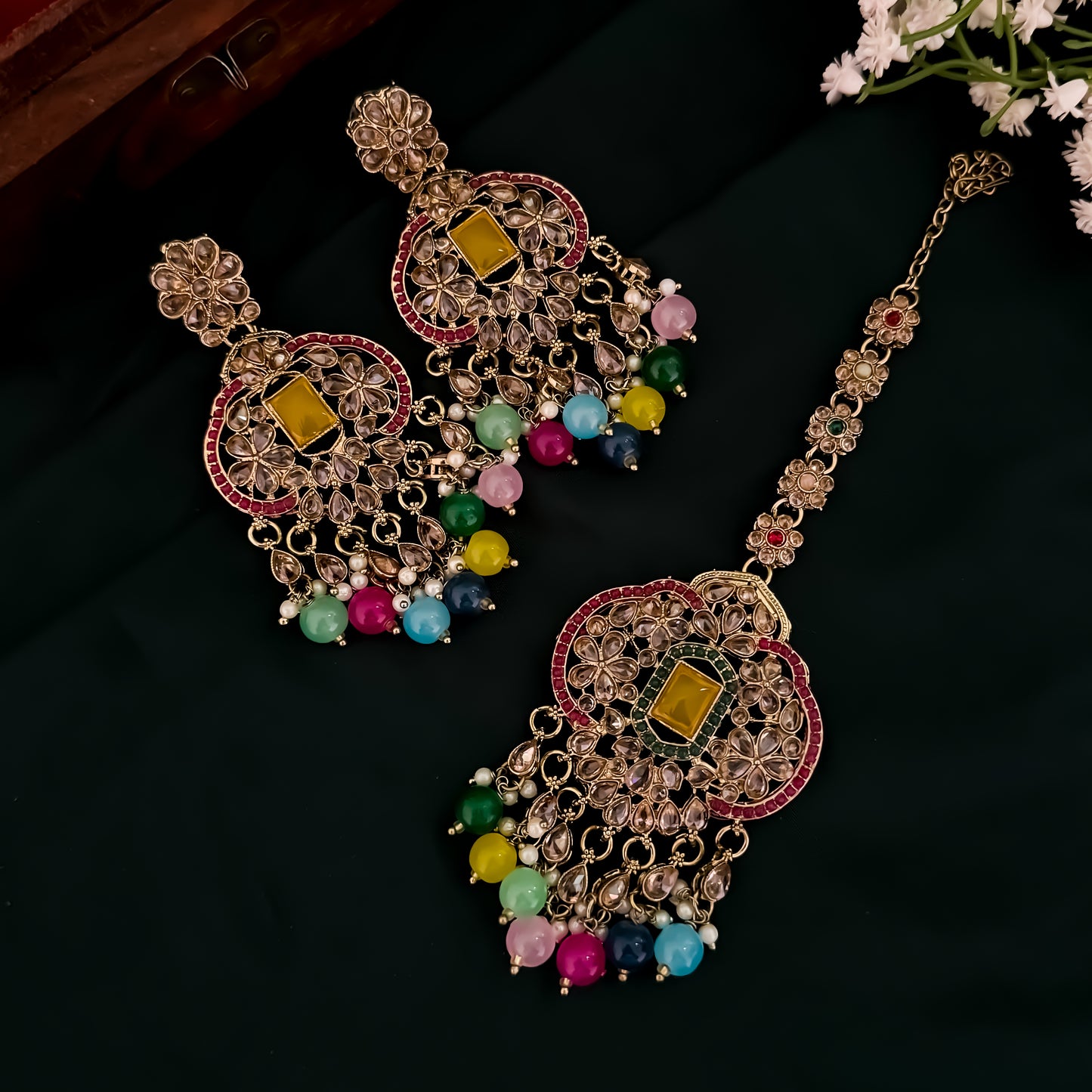 Nihal Reverse AD Necklace Set with Earrings & Teeka - Multi
