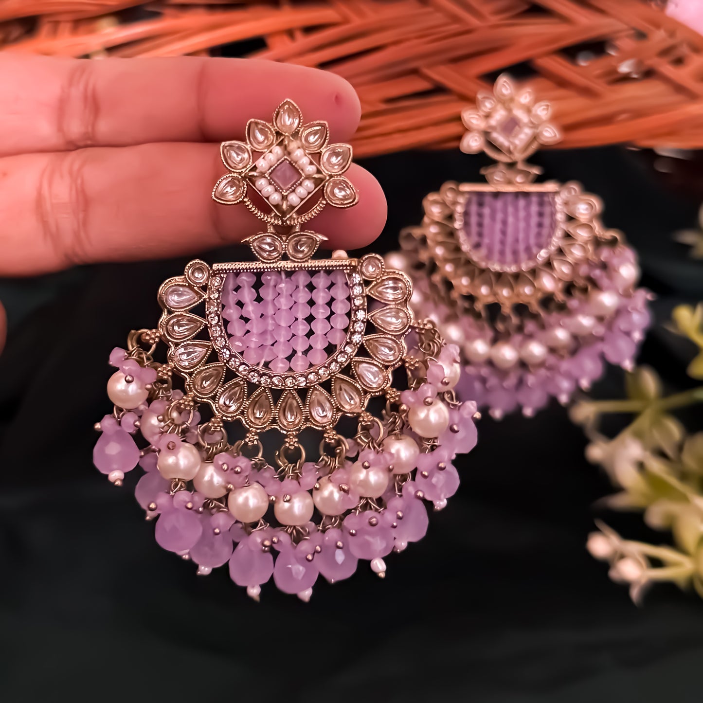 Mansa Kundan Pearl Chandbali - Lavender