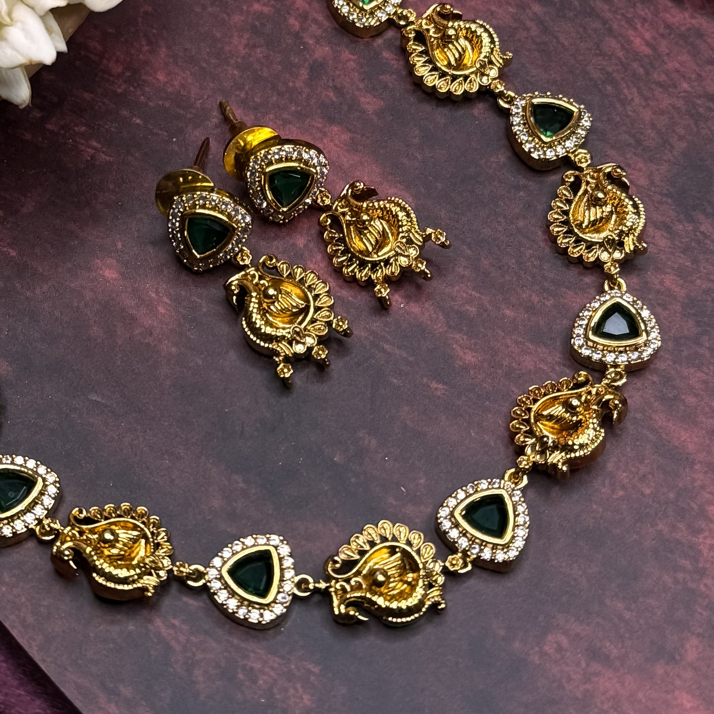 Vriksham Peacock Motif Minimal AD Necklace Set - Green