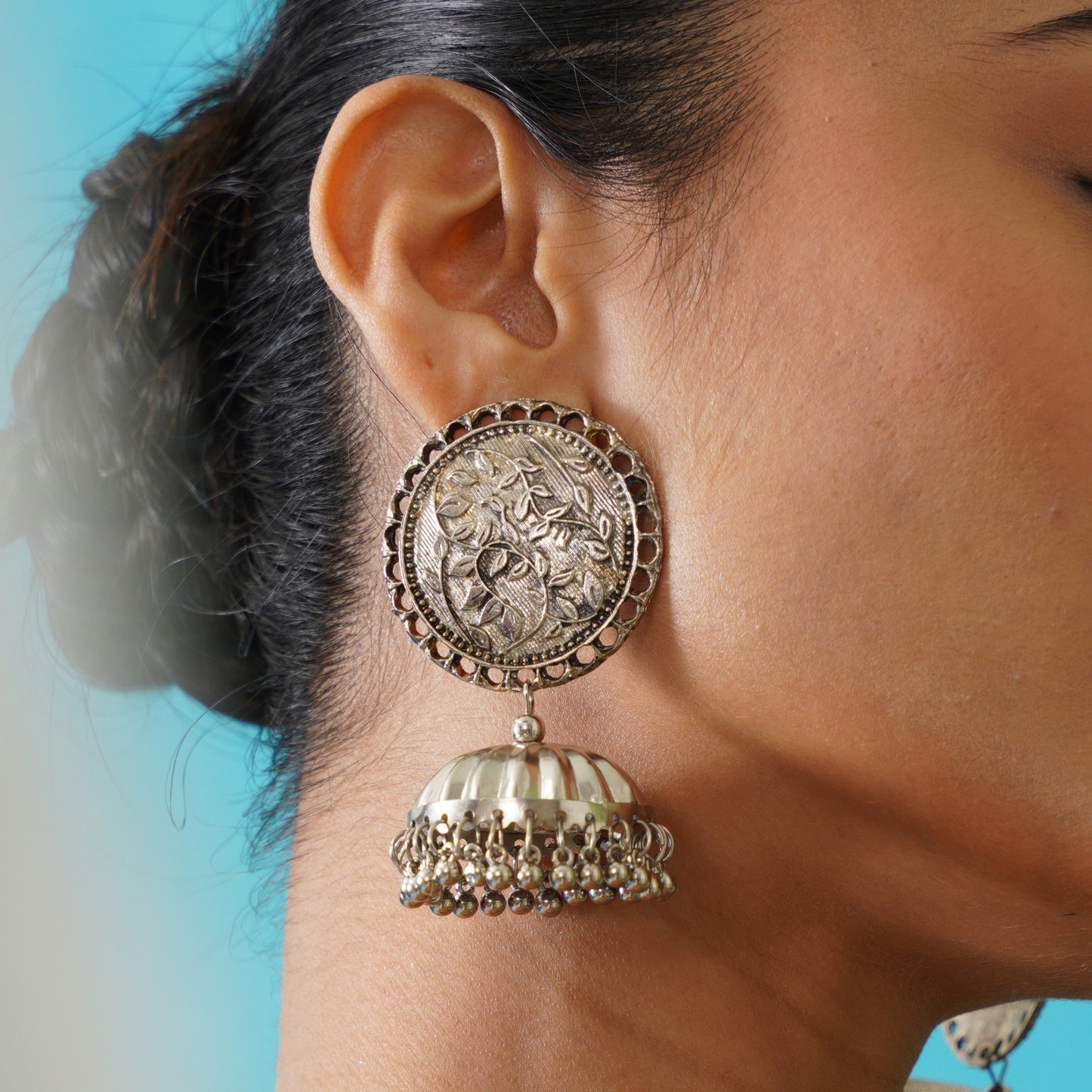 Leena Silver Oxidised Jhumka Earrings