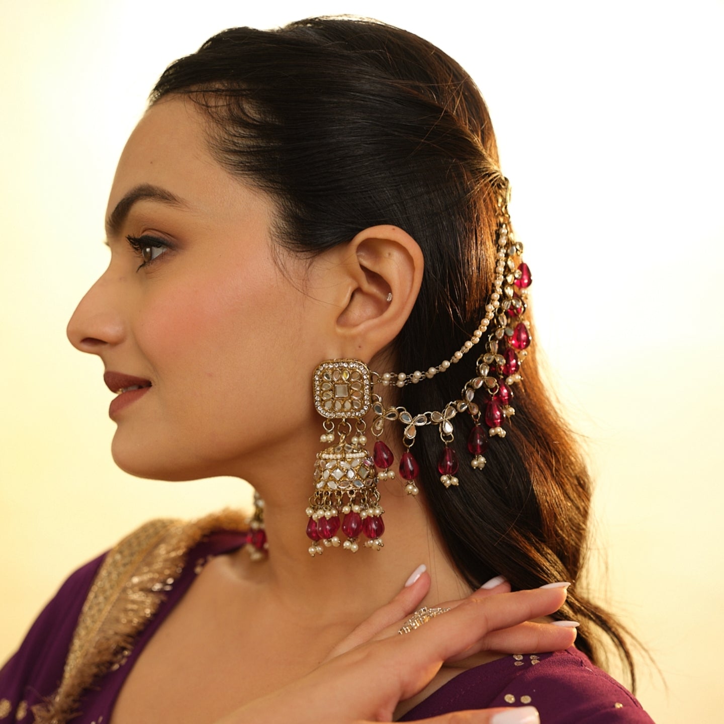 Mohika Mirror Jhumka Earrings with Sahara & Tika Set - Purple