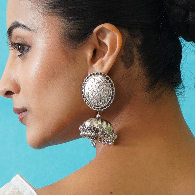 Leena Silver Oxidised Jhumka Earrings