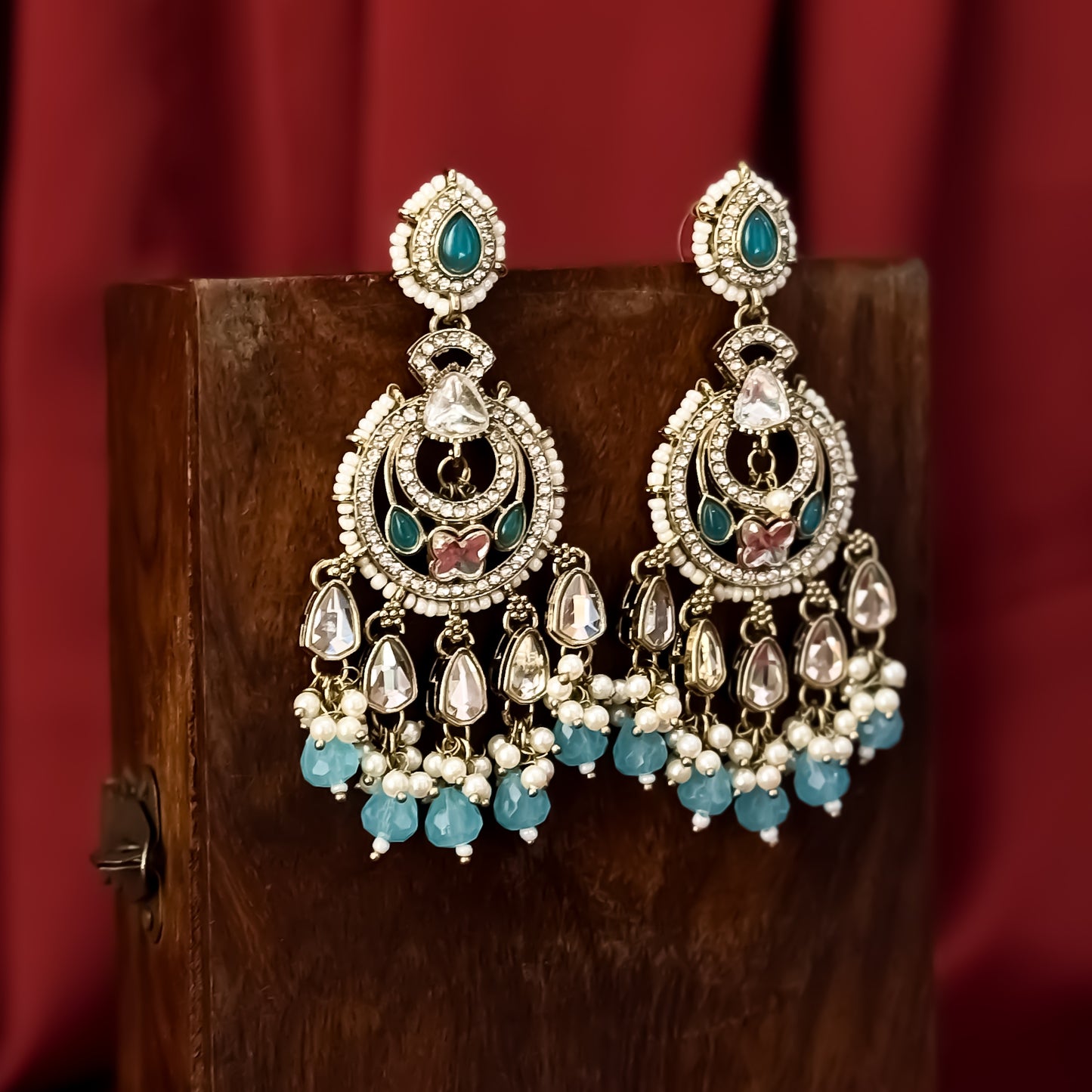 Athiya Kundan Pearl Premium Chandbali Earrings - Sky Blue/Firozi