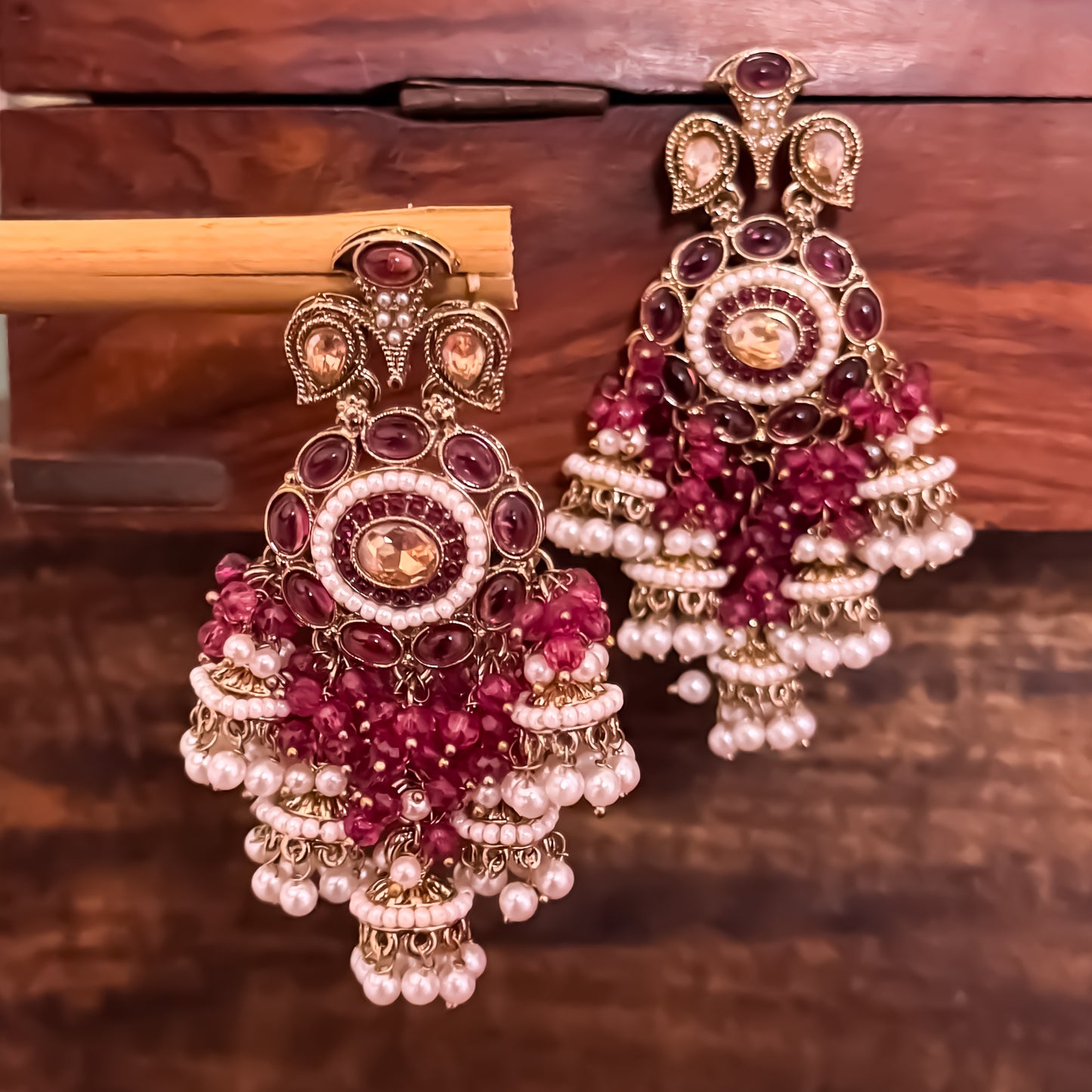 Heer Pearl Jhumka Chandbali Earrings - Wine