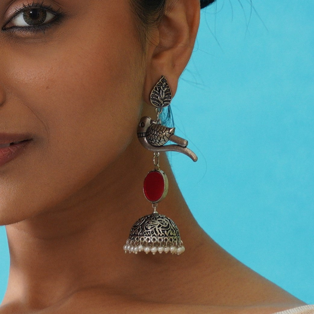 Parrot Afghani Mirror Silver Jhumka Earrings
