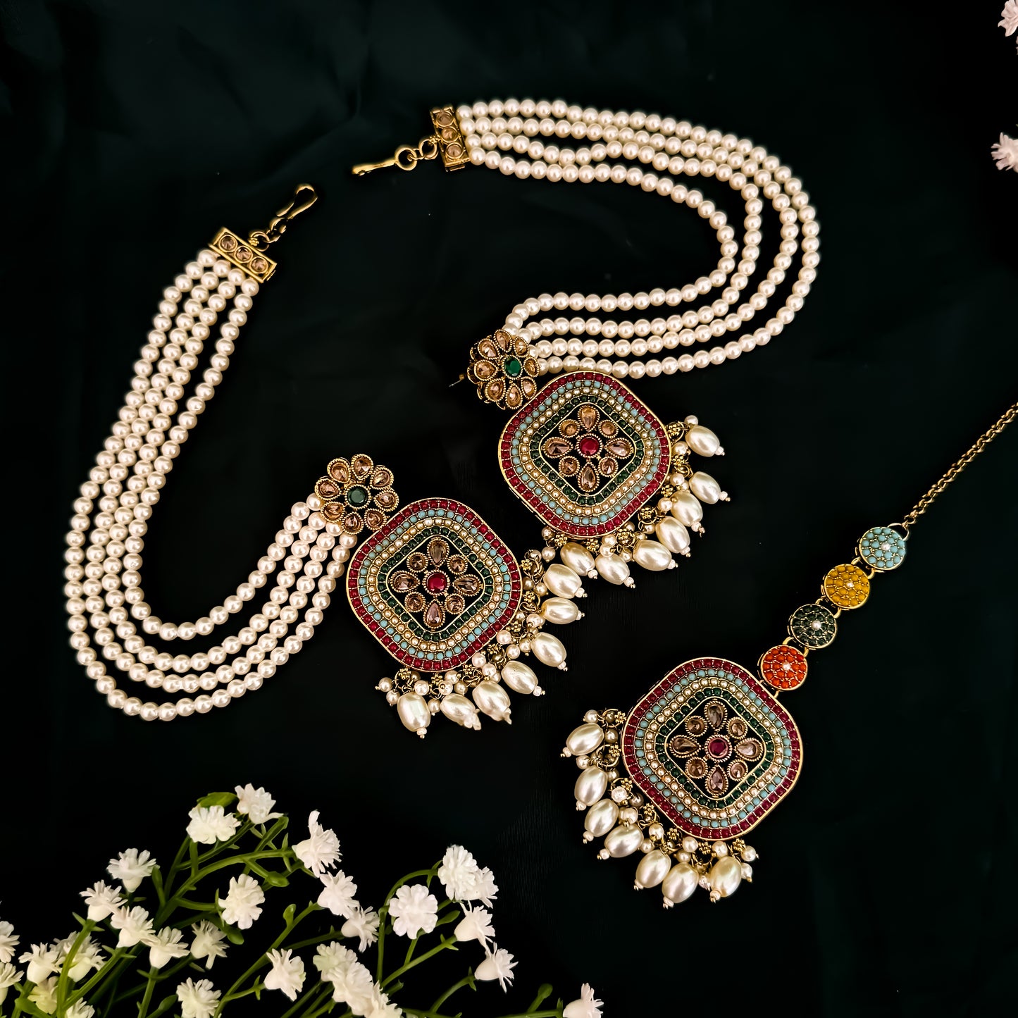Raisha Jadau Reverse AD Necklace Set-Multi
