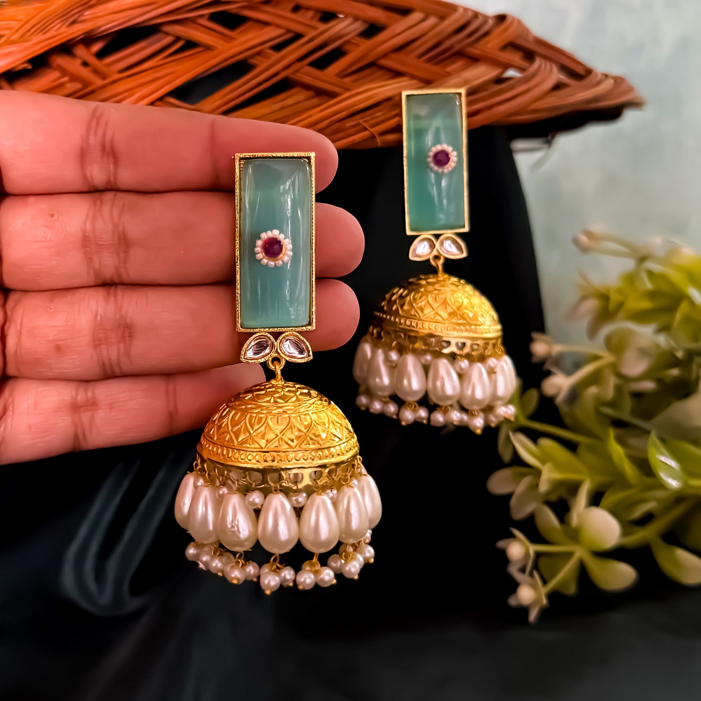 Veena Brass Monalisa Stone Jhumka Earrings