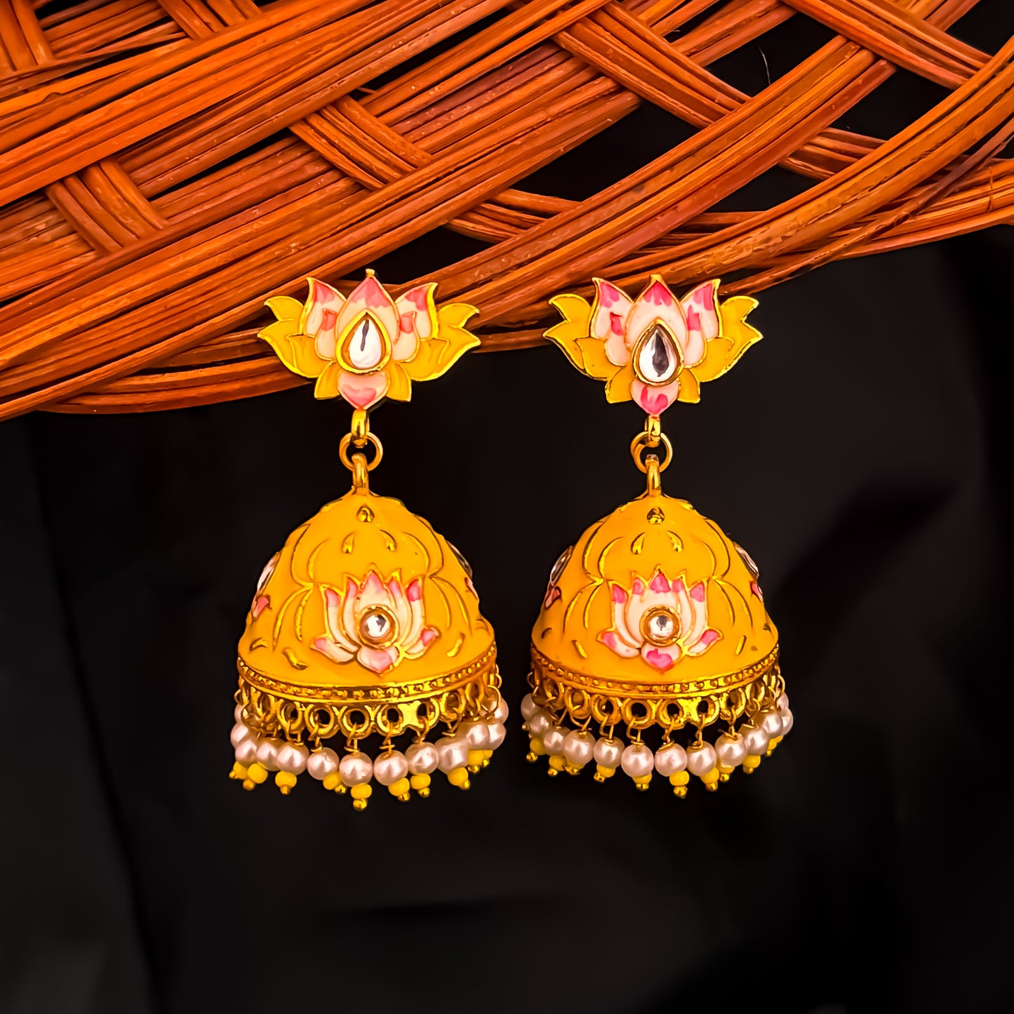 Meenakari Lotus Jhumka Earrings- Yellow