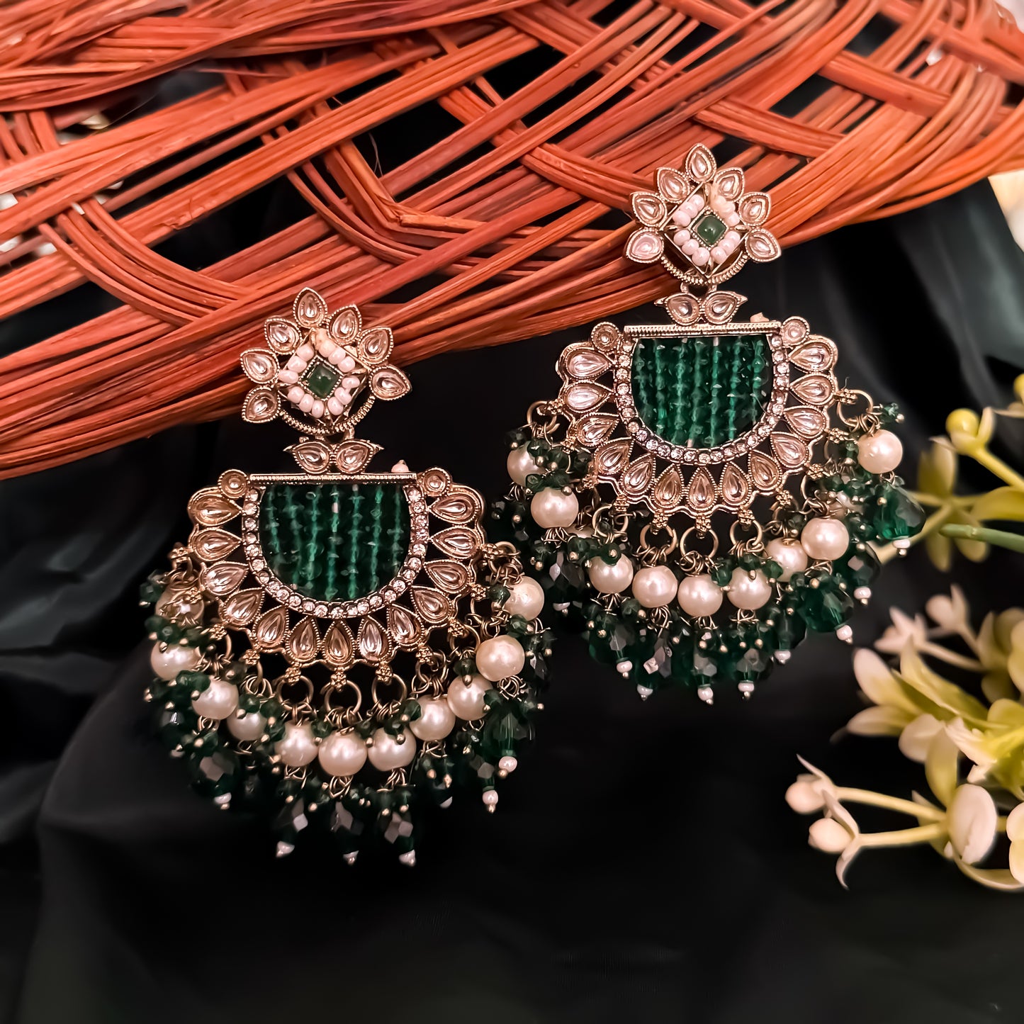 Mansa Kundan Pearl Chandbali - Green