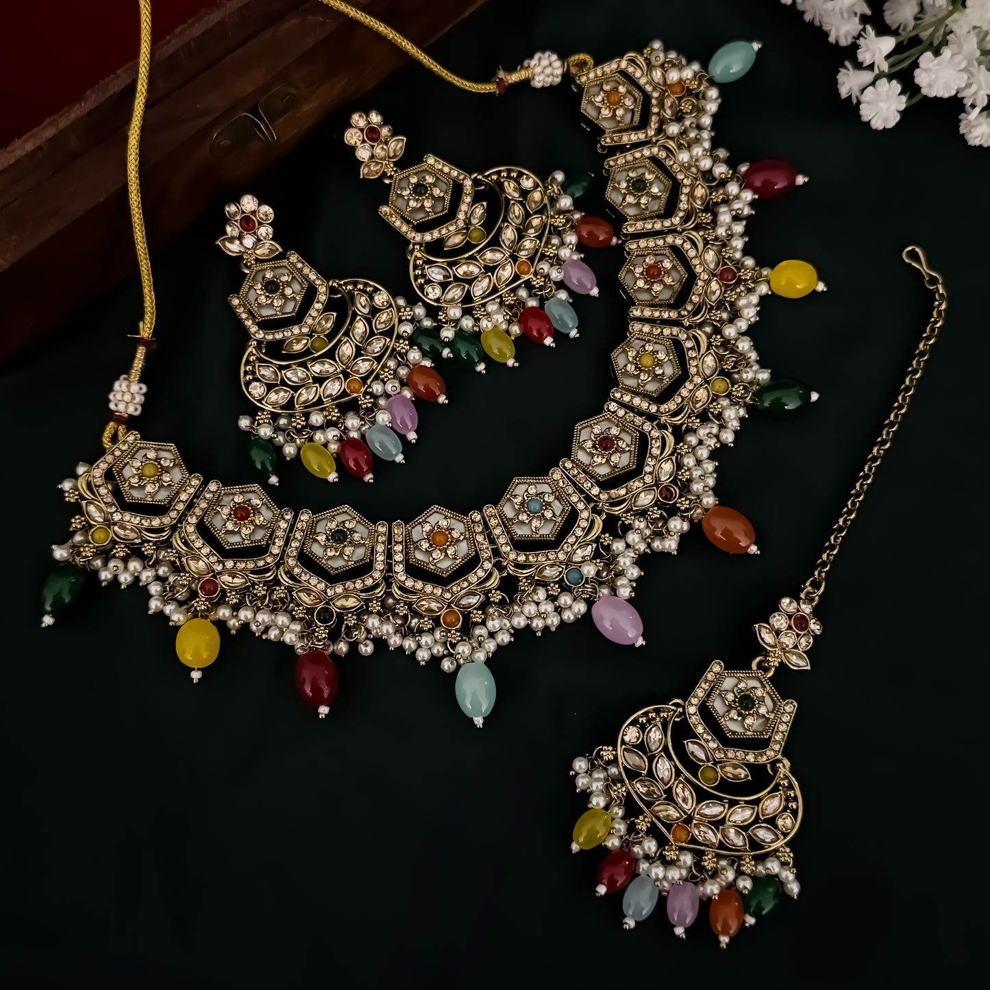 Mahal MOP Reverse AD Necklace Set - Multi