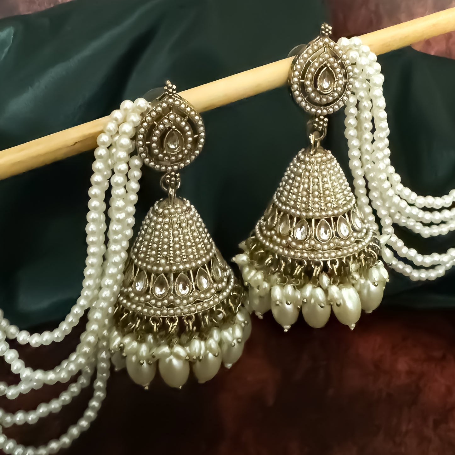 Mahiya Jadau Jhumka Earrings with Earchain - Golden