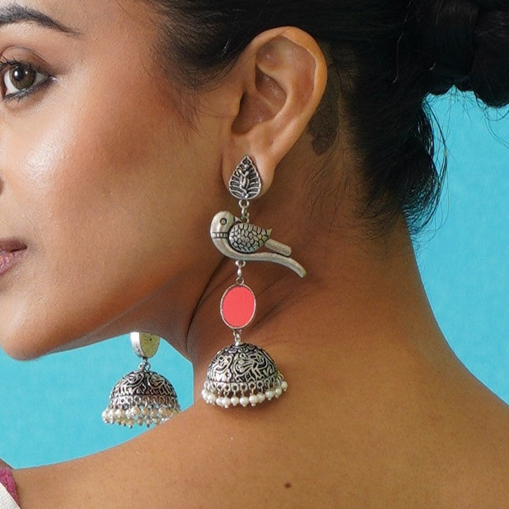 Parrot Afghani Mirror Silver Jhumka Earrings