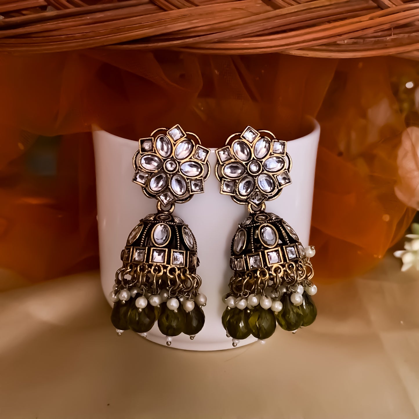 Aashika Pearl Jhumka Earrings- Mehendi Green
