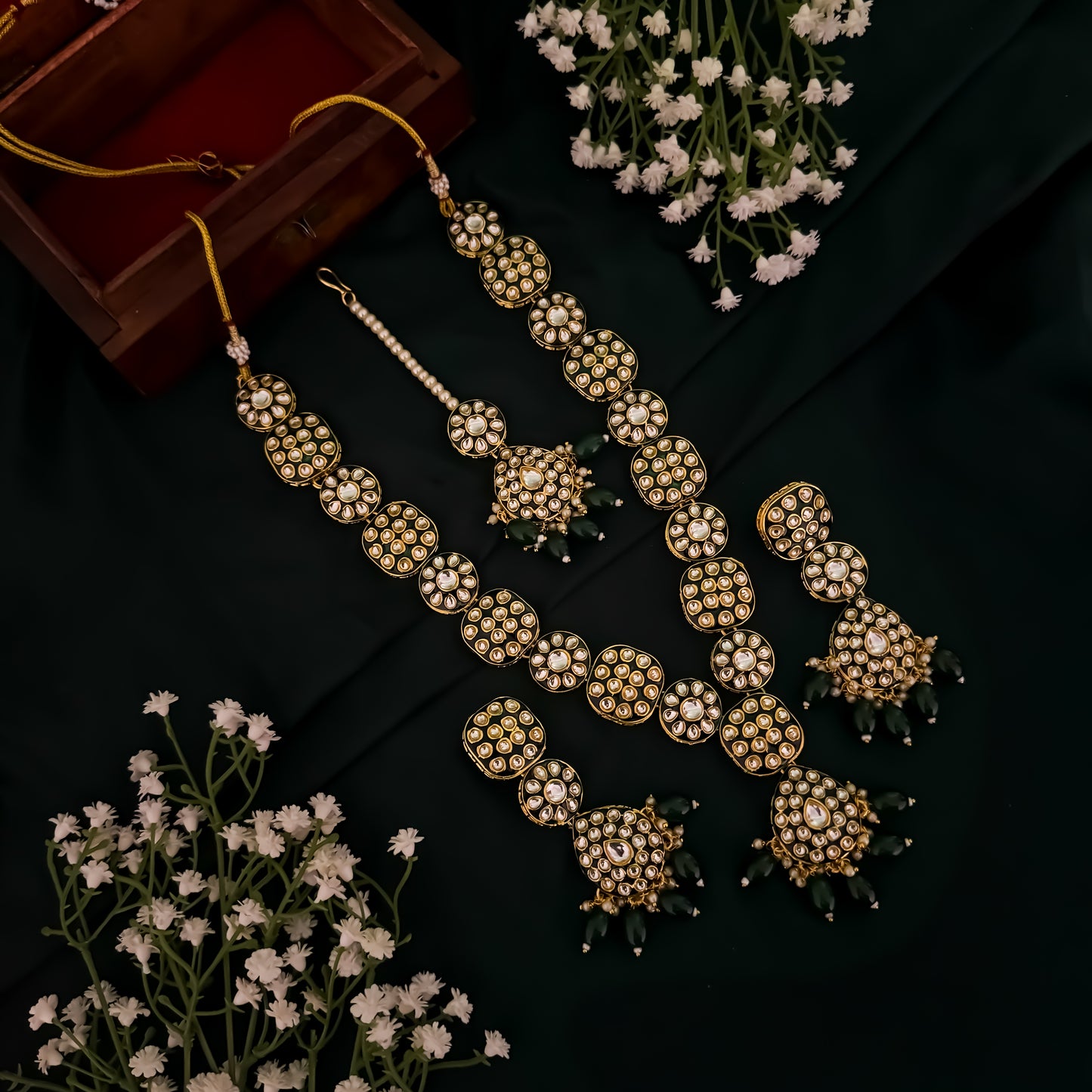 Jubina Meenakari Kundan Long Necklace Set- Green