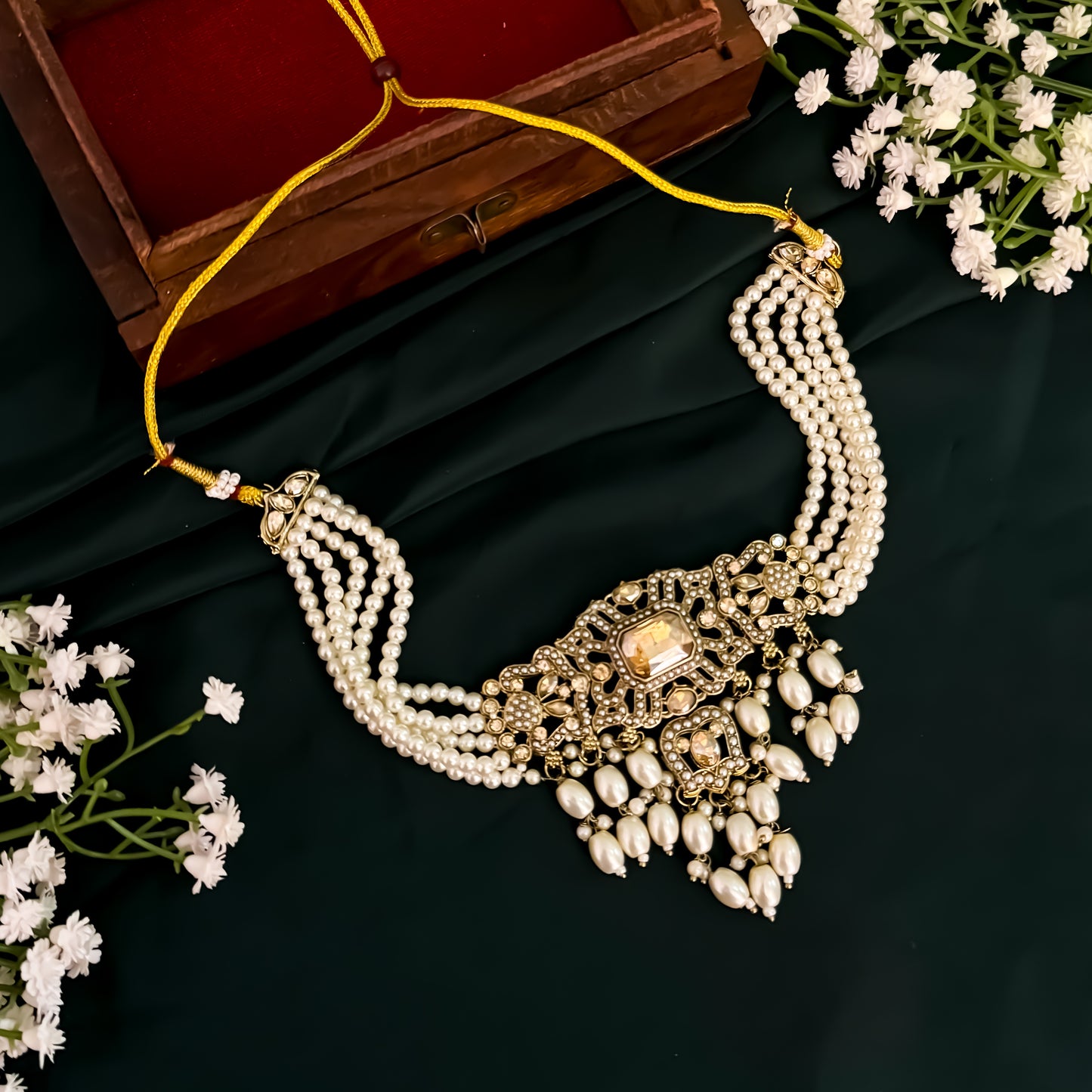 Jodha Jadau Reverse AD Necklace Set with Sahara Earrings & Teeka - Golden