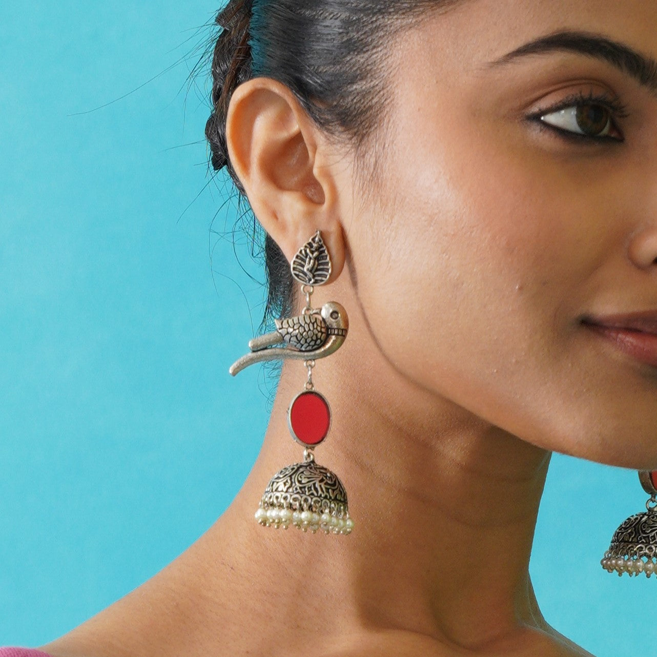 Parrot Afghani Mirror Silver Jhumka Earrings