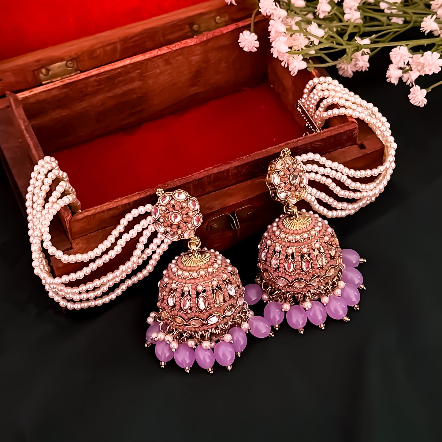 Mehvish Jadau Reverse AD Jhumka Earrings with Earchain - Lavender