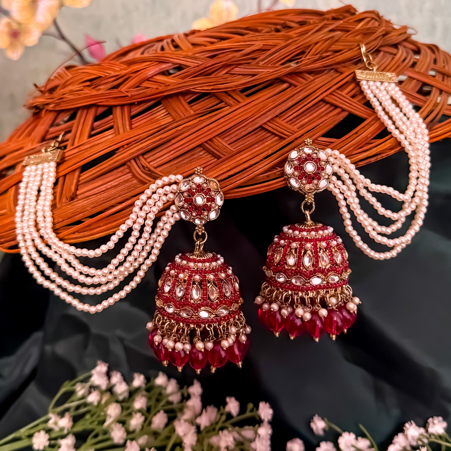 Mehvish Jadau Reverse AD Jhumka Earrings with Earchain - Hot Pink